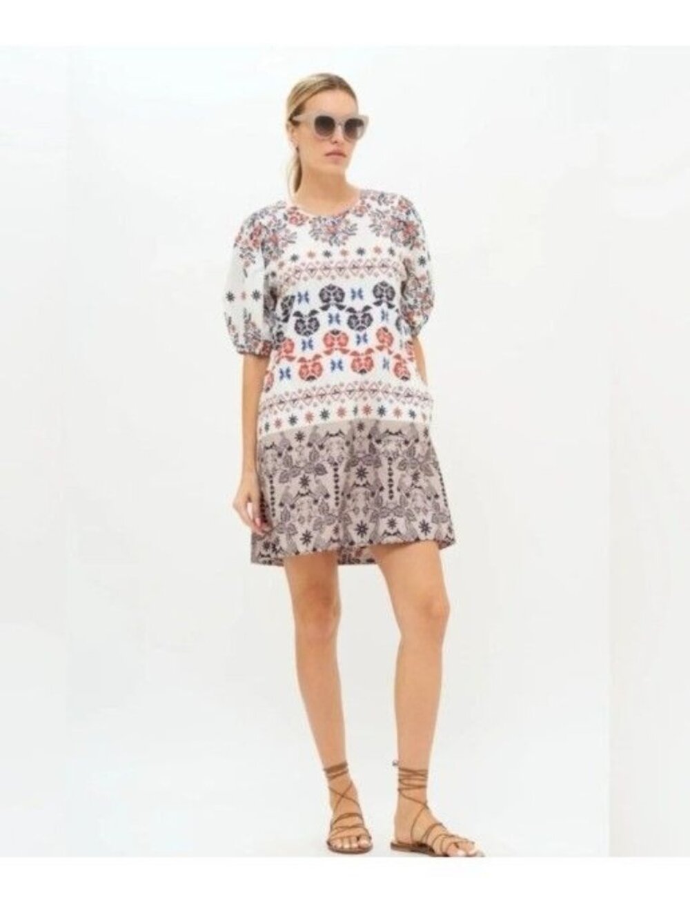 Oliphant Crewneck Puff Sleeve Mini Dress Flowers & Birds in Paradiso Navy 2XL